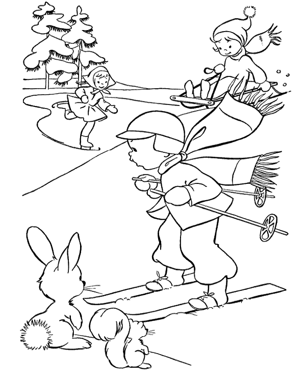 Winter Coloring Page Skier, Skater and Sledges